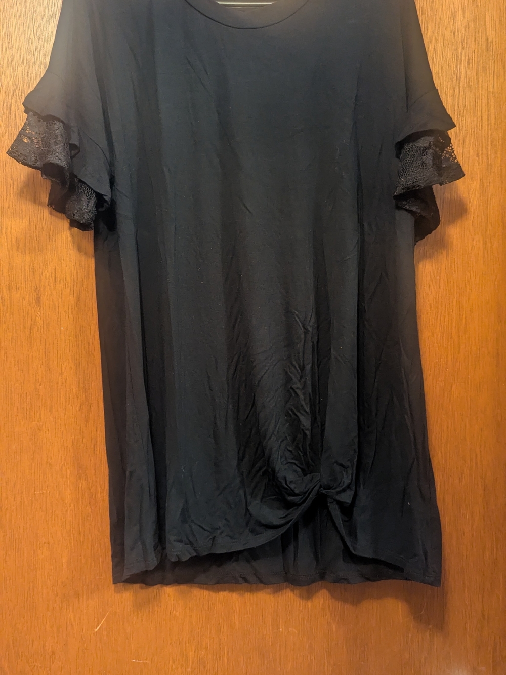 First Love Black Short Sleeve Lace Ruffle Knot Front Top